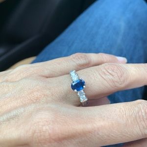Sapphire and diamond ring in silver. Size 6.